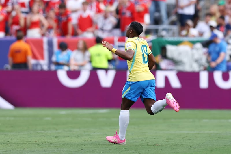 Endrick of Brazil prays as he enters the pitch following a substitution against Norway. Photograph: Buda Mendes/Getty