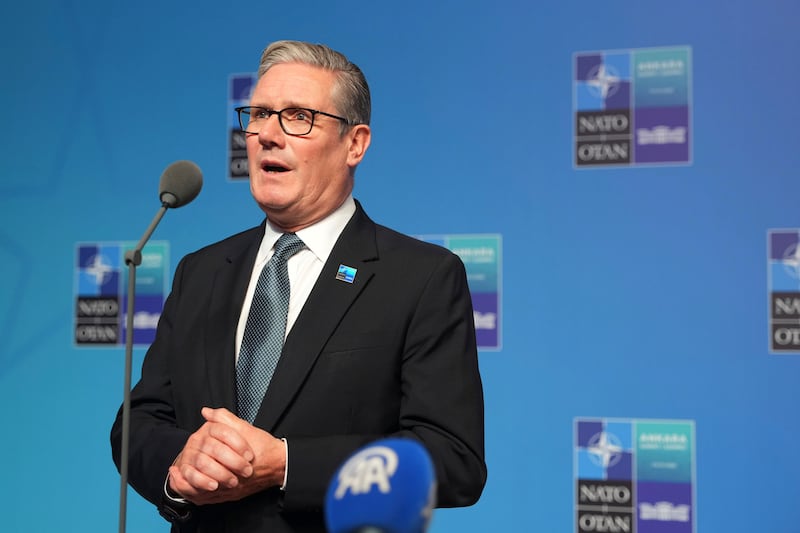 British prime minister Keir Starmer speaks to reporters as he arrives the Nato Summit in Ankara, Turkey. Photograph: Alastair Grant/PA Wire