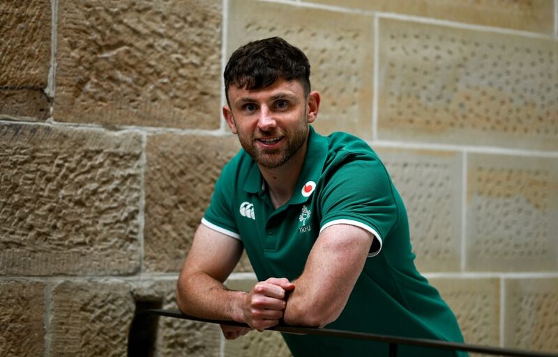 Hugo Keenan poses for a portrait after an Ireland rugby media conference at the Intercontinental Hotel in Sydney, Australia. Photo by Brendan Moran/Sportsfile