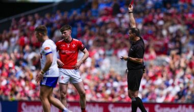 Seán Hurson gives a red card to Sean Callaghan of Louth. Pic: James Lawlor/Inpho