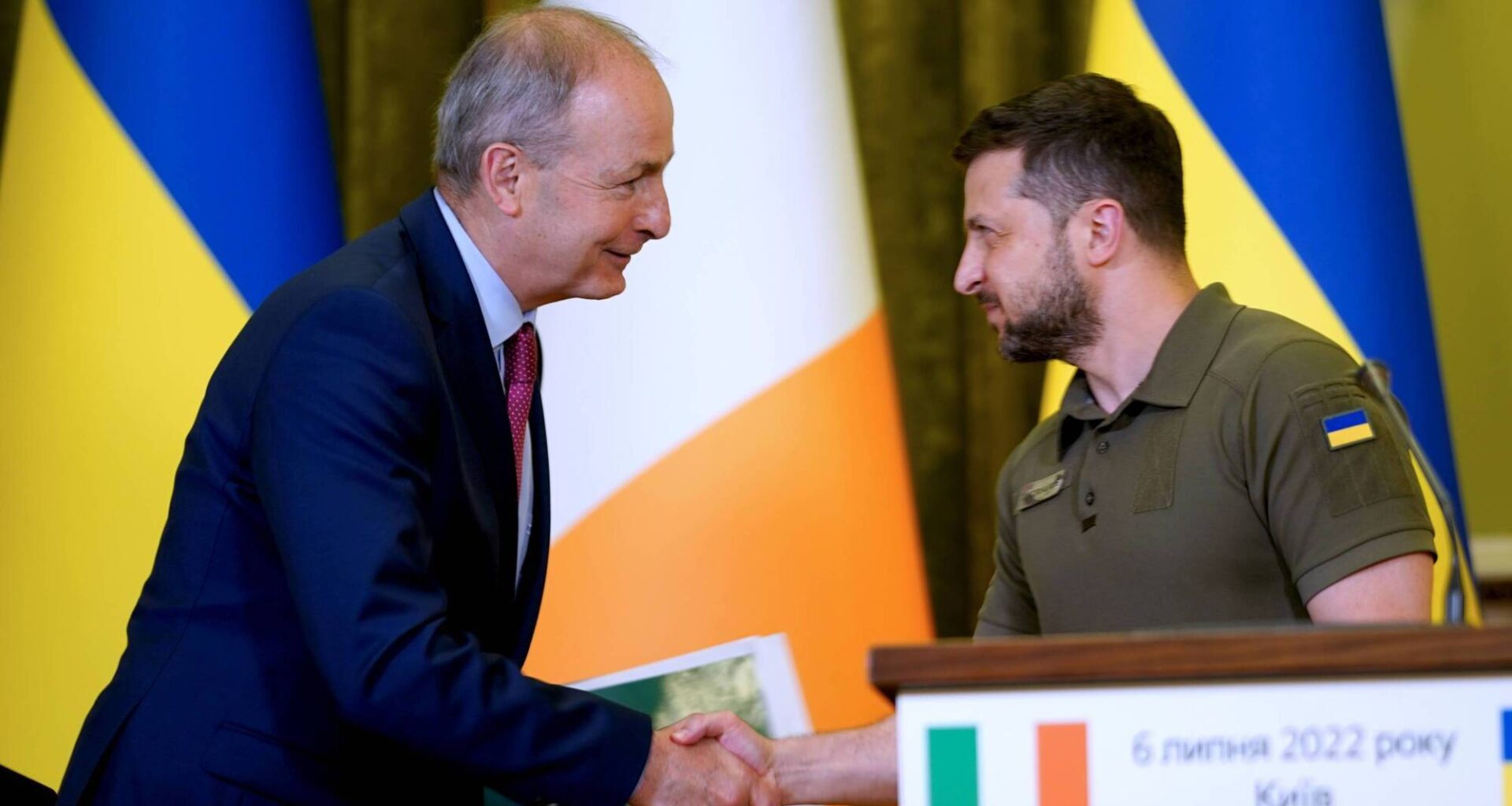 Ukrainian president Volodymyr Zelenskyy greets Taoiseach Micheál Martin ahead of a joint press conference at the Ukrainian Government Building in Kyiv. File picture: PA