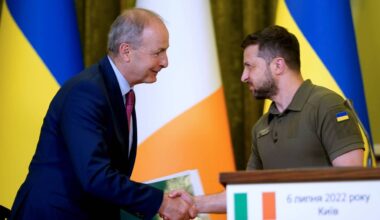 Ukrainian president Volodymyr Zelenskyy greets Taoiseach Micheál Martin ahead of a joint press conference at the Ukrainian Government Building in Kyiv. File picture: PA