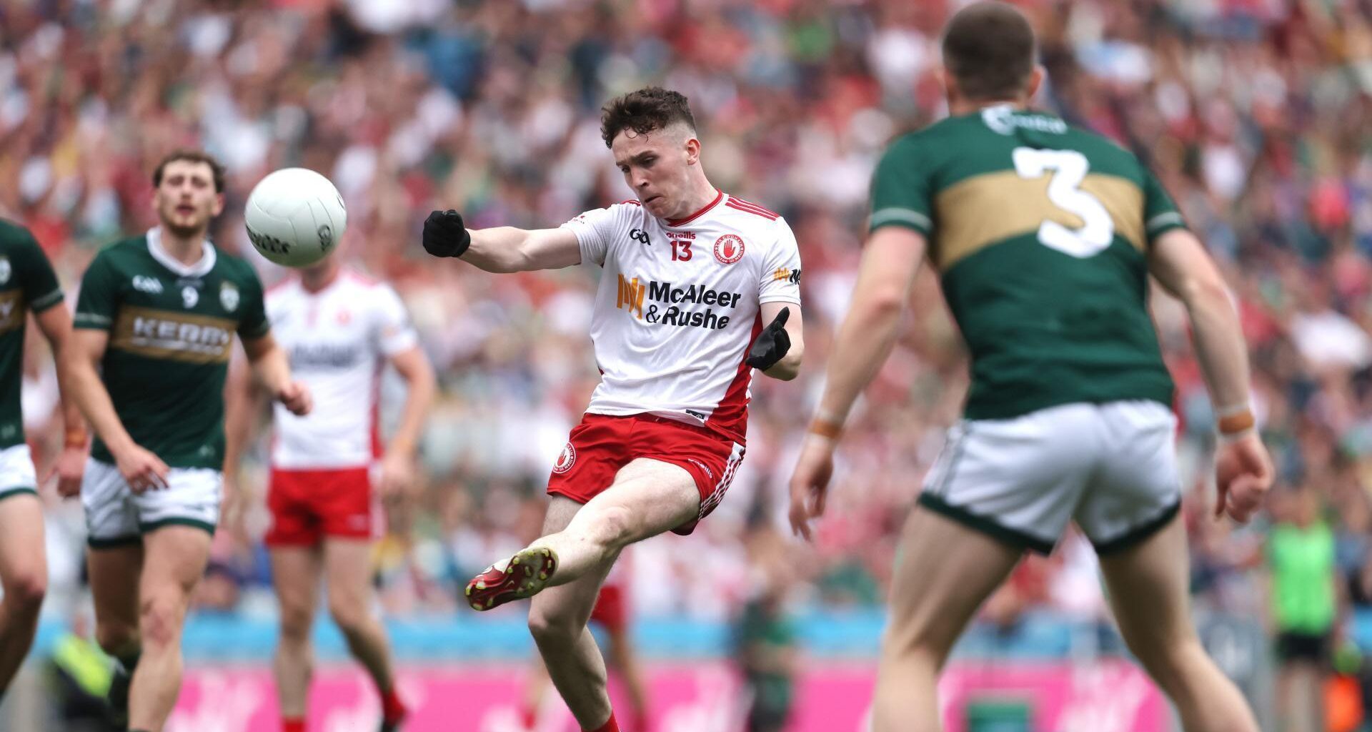 Tyrone Eoin McElholm shoots against Kerry. Pic: ©INPHO/Bryan Keane