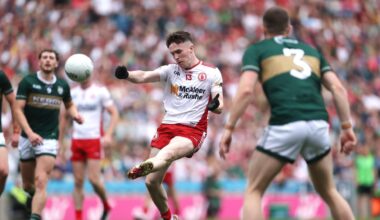 Tyrone Eoin McElholm shoots against Kerry. Pic: ©INPHO/Bryan Keane
