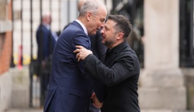 Taoiseach Micheál Martin welcomes Ukrainian president Volodymyr Zelenskyy to Dublin Castle. Picture: Niall Carson