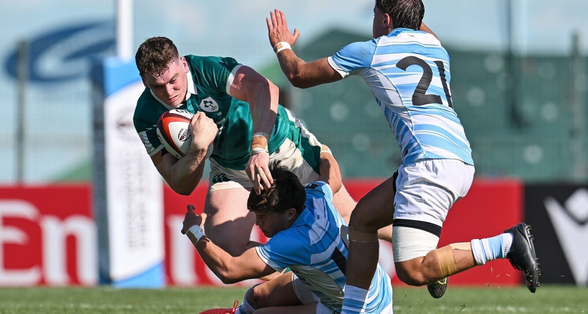 Ireland's Jack Deegan is tackled by Argentina's Federico Serpa Laporte. Pic: ©INPHO/Levan Verdzeuli