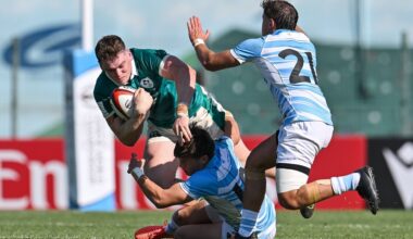 Ireland's Jack Deegan is tackled by Argentina's Federico Serpa Laporte. Pic: ©INPHO/Levan Verdzeuli