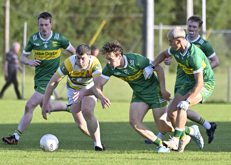 Div 7 League Final Aaron Hayes (St. James) about to get the ball ahead of Mark Hodnett (Carbery Rangers) as Joe O'Sullivan and Conor Whelton provide support during the McCarthy Insurance Group 7 Football League final in Clonakilty. Picture: Martin Walsh.