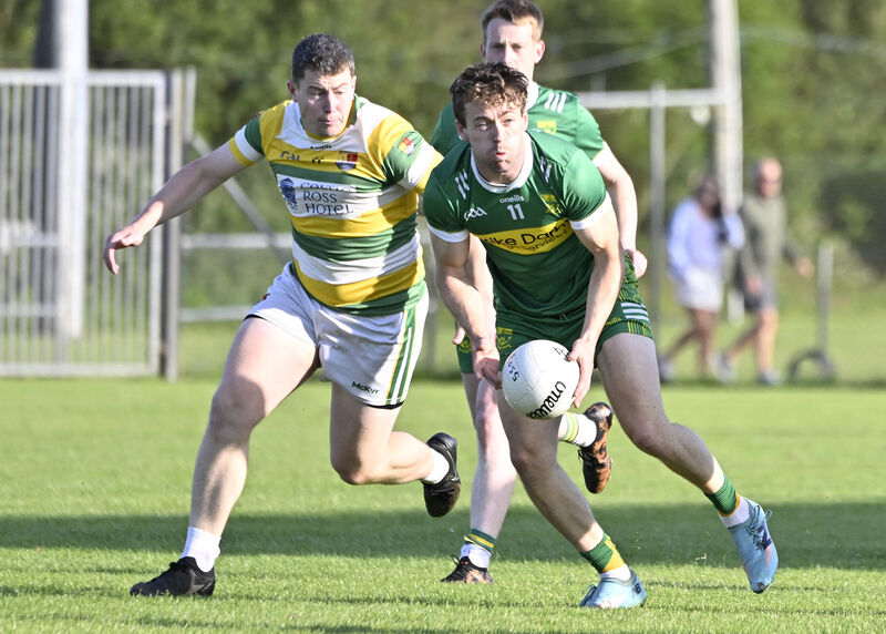 Div 7 League Final Mark Hodnett (Carbery Rangers) is about to be challenged by Aaron Hayes (St. James) during the McCarthy Insurance Group 7 Football League final in Clonakilty. Picture: Martin Walsh.