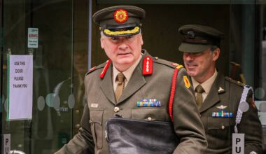 Brigadier General Stephen Ryan, left, after giving evidence at the Defence Forces Tribunal. Picture: Neil Michael.