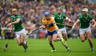 9 June 2024; Shane O'Donnell of Clare in action against Limerick players, from left, Dan Morrissey, Will O'Donoghue and Kyle Hayes during the Munster GAA Hurling Senior Championship final match between Clare and Limerick at FBD Semple Stadium in Thurles, Tipperary. Photo by Brendan Moran/Sportsfile