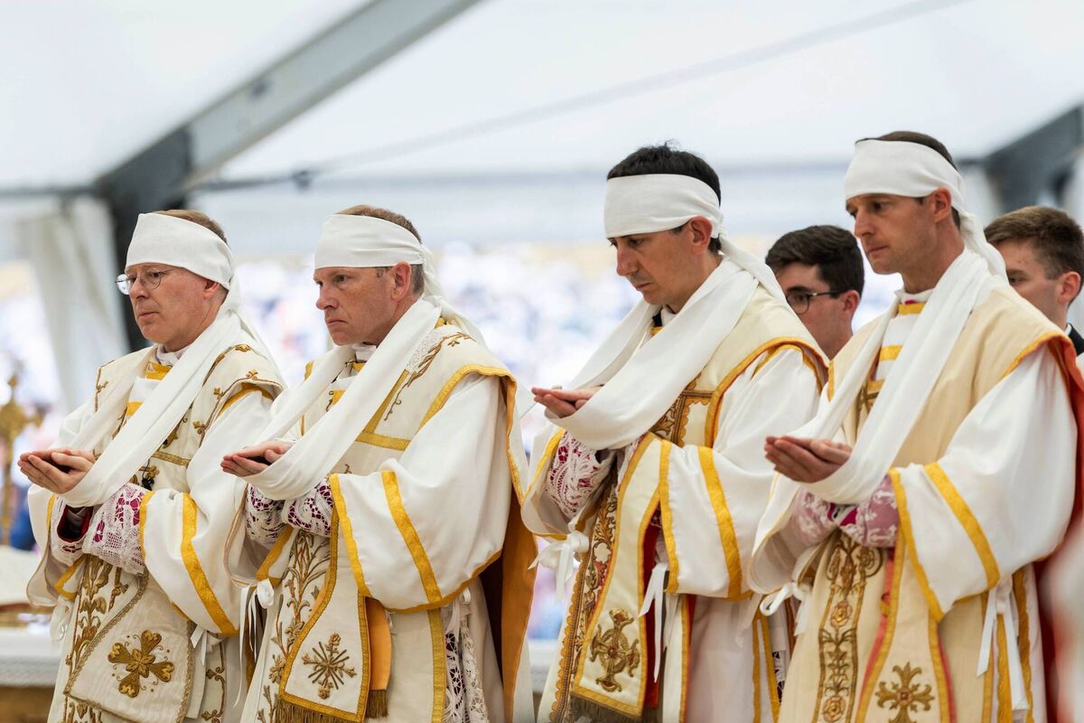Despite Pope Leo's pleas, Pascal Schreiber, Michael Goldade, Michel Poinsinet de Sivry, and Marc Hanappier were ordained as bishops at the Society of St Pius X seminary in Econe Switzerland, on Wednesday, leading to their automatic excommunication. Picture: Cyril Zingaro/Keystone/AP
