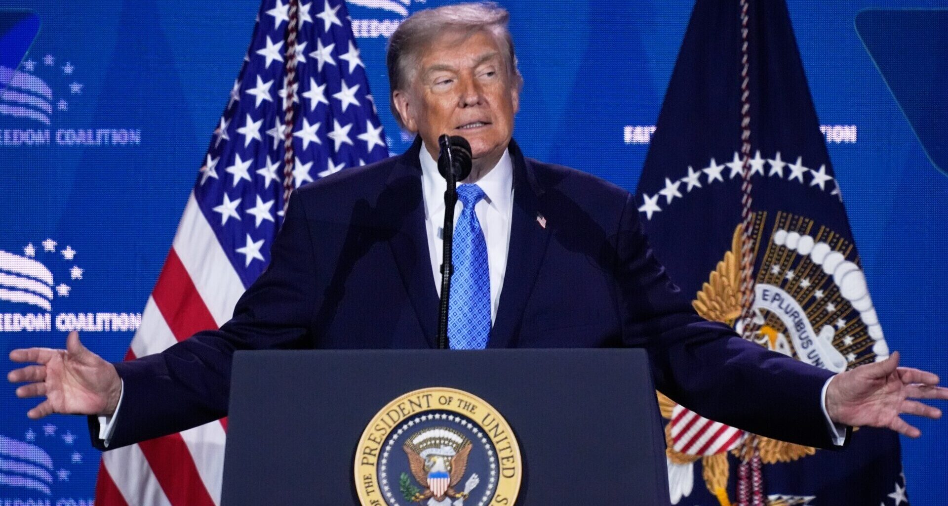 Donald Trump condemned recent attempts to “beat the American spirit out of us” and “alienate us from our history”. Picture: AP Photo/Manuel Balce Ceneta
