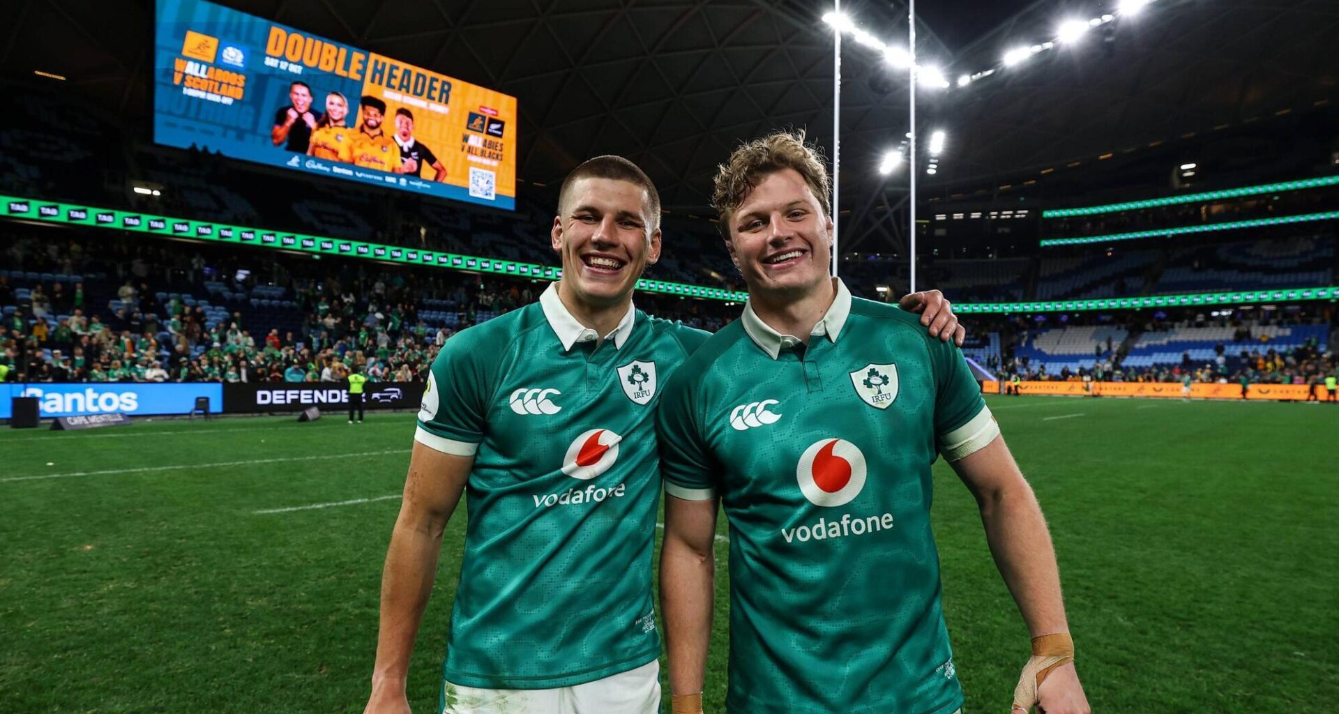 OH BROTHER: Ireland's Sam and Cian Prendergast celebrate after Saturday's test win at Allianz Stadium in Sydney. Pic: Ben Brady, Inpho