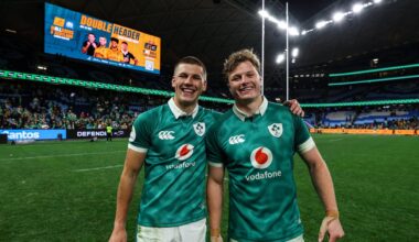 OH BROTHER: Ireland's Sam and Cian Prendergast celebrate after Saturday's test win at Allianz Stadium in Sydney. Pic: Ben Brady, Inpho