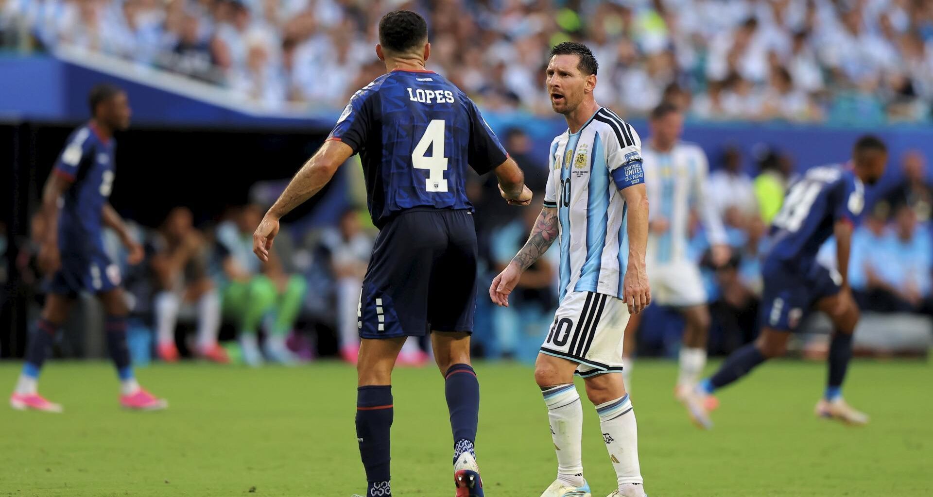 STANDING TALL: Roberto Lopes of Cabo Verde and Lionel Messi of Argentina at Miami Stadium. Pic: Eston Parker/Sportsfile