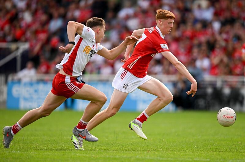 Éanna Lynch of Cork in action against Conall Shevlin of Tyrone. Picture: Sam Barnes/Sportsfile