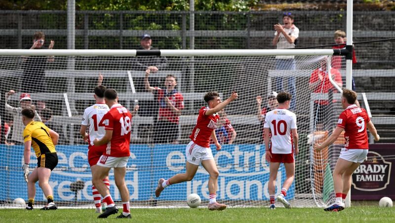 Alex O'Herlihy of Cork celebrates after scoring his side's first goal. Pic: Sam Barnes/Sportsfile