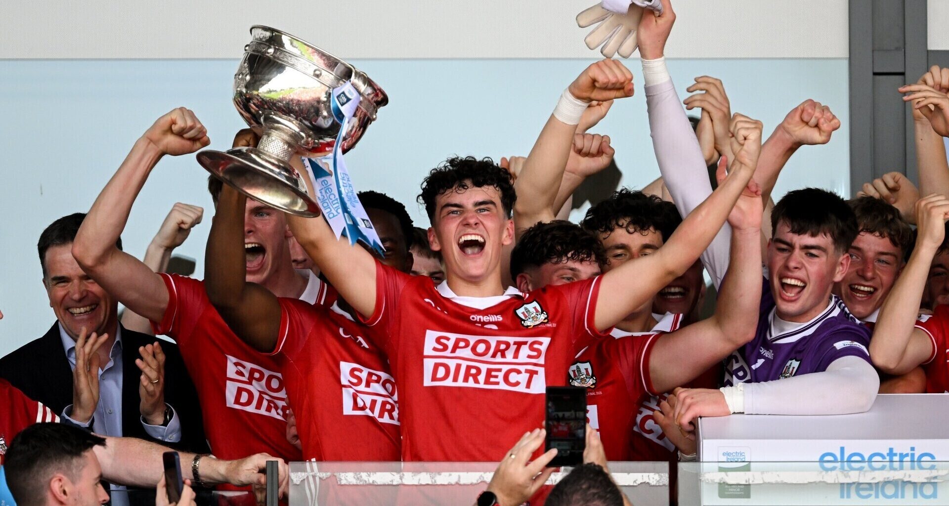 REBEL ROAR: Joe Miskella of Cork lifts the cup. Pic: Sam Barnes/Sportsfile