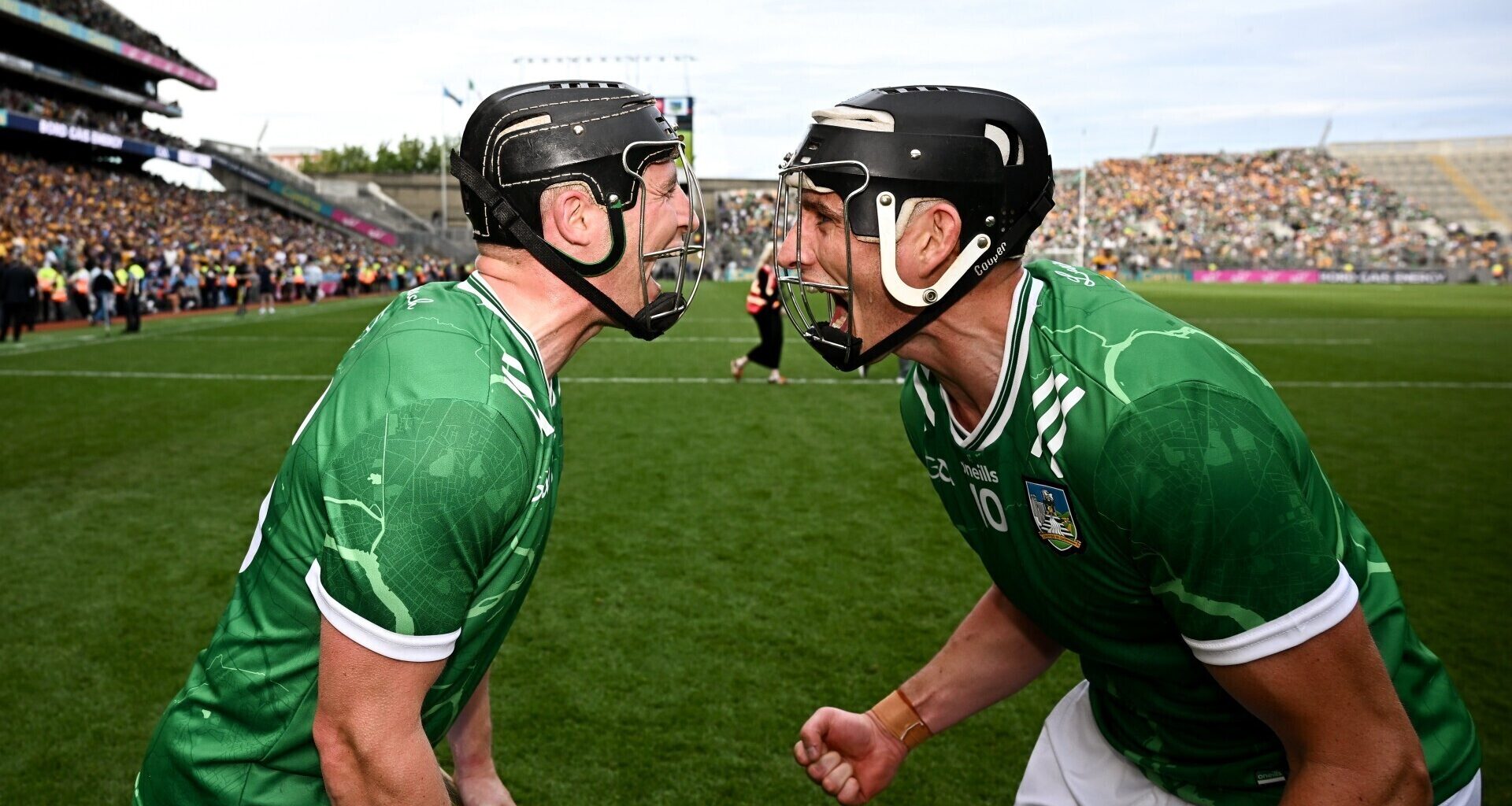 Limerick players Peter Casey, left, and Gearóid Hegarty celebrate after their side's victory. Pic: Seb Daly/Sportsfile