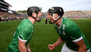 Limerick players Peter Casey, left, and Gearóid Hegarty celebrate after their side's victory. Pic: Seb Daly/Sportsfile