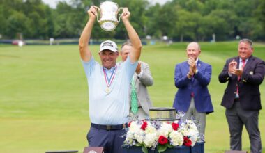 WINNER WINNER: Padraig Harrington raises aloft the Francis D. Ouimet Memorial Trophy after winning the US Senior Open Championship at Scioto Country Club in Columbus, Ohio. Pic: Dylan Buell/Getty Images