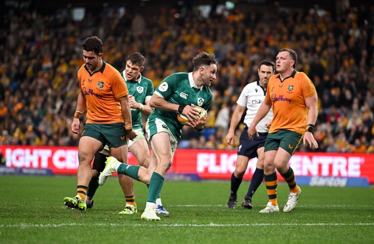 Hugo Keenan runs in Ireland's fourth try against Australia. Picture: Brendan Moran/Sportsfile