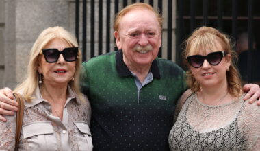 Wolfe Tones singer Brian Warfield with his wife June and daughter Laragh leaving the Hight Court on Monday. Picture: Collins Courts
