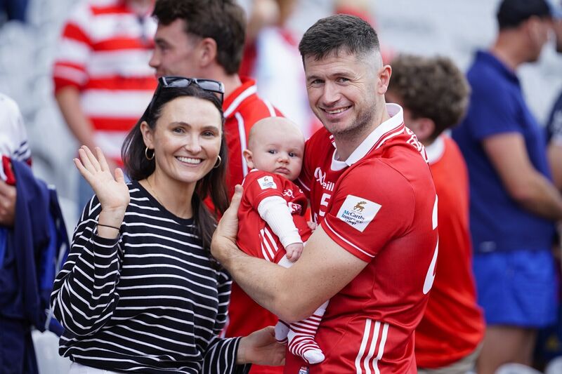Séamus Harnedy of Cork with Aisling and baby Joey after the game against Galway. Picture: INPHO/James Lawlor