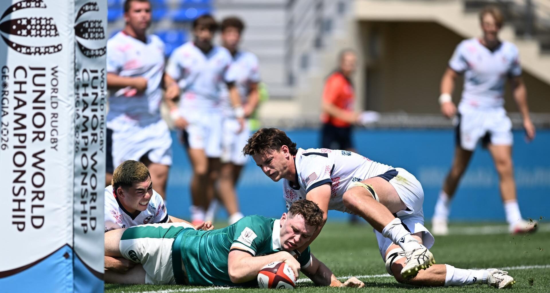 ELEVENTH HEAVEN: Ireland's Jack Deegan scores his side's eleventh try during the World Junior Rugby Championship Pool C game against the USA. Pic: Tamuna Kulumbegashvili/Sportsfile