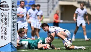 ELEVENTH HEAVEN: Ireland's Jack Deegan scores his side's eleventh try during the World Junior Rugby Championship Pool C game against the USA. Pic: Tamuna Kulumbegashvili/Sportsfile