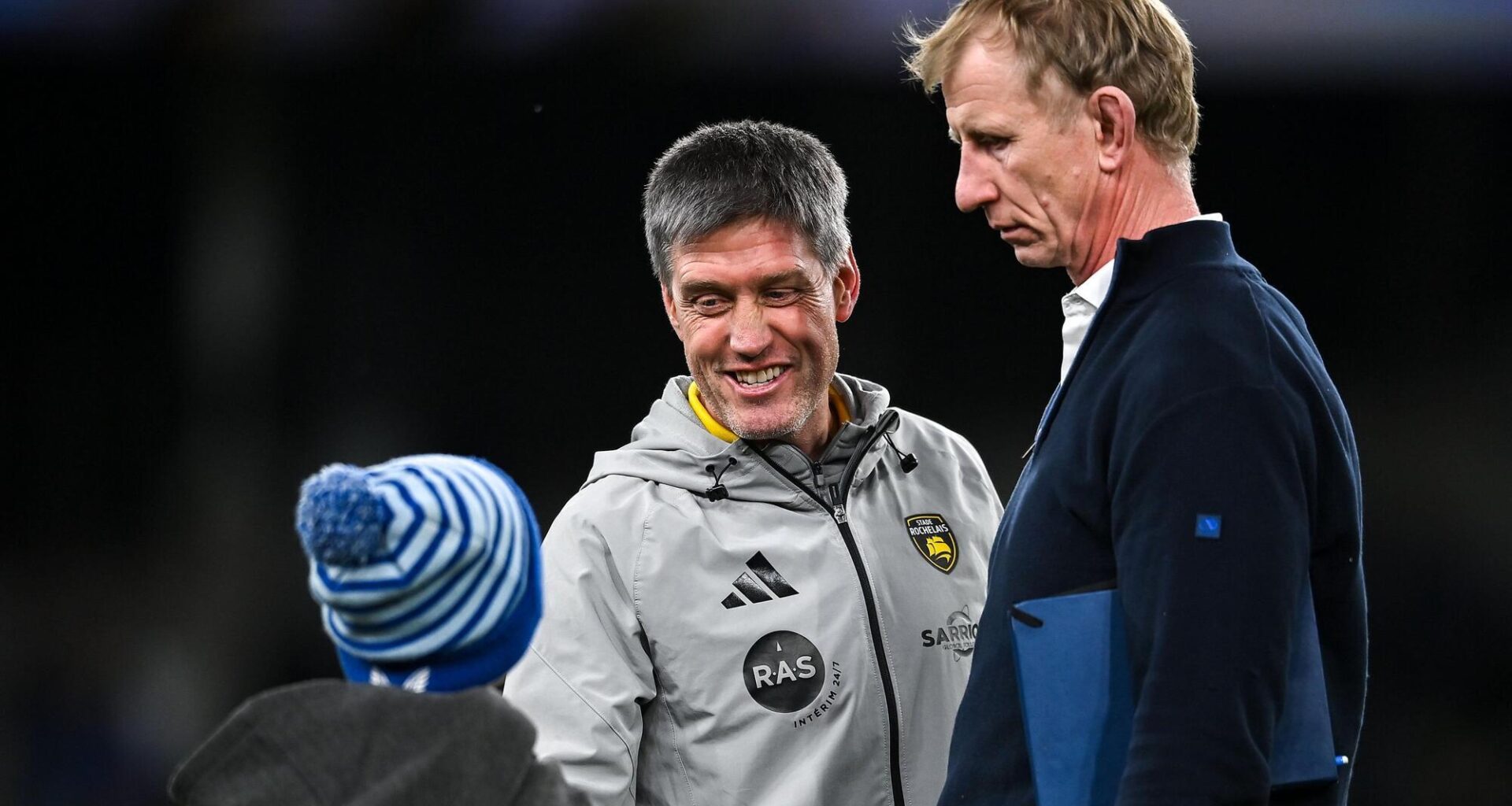 La Rochelle head coach Ronan O'Gara shakes hands with Con Cullen, son of Leinster head coach Leo Cullen, right. Pic: David Fitzgerald/Sportsfile