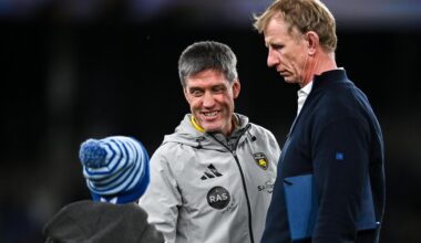 La Rochelle head coach Ronan O'Gara shakes hands with Con Cullen, son of Leinster head coach Leo Cullen, right. Pic: David Fitzgerald/Sportsfile