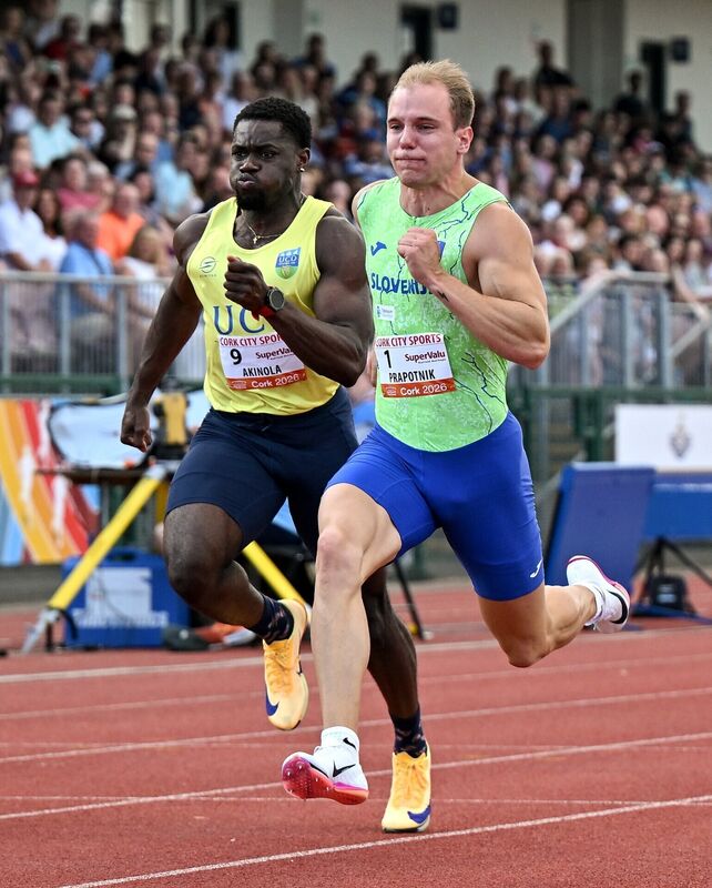 Anej Prapotnik of Slovenia, right, leads Bori Akinola of Ireland, who finished second, on his way to winning the SuperValu Men's 100m. Picture: Sam Barnes/Sportsfile