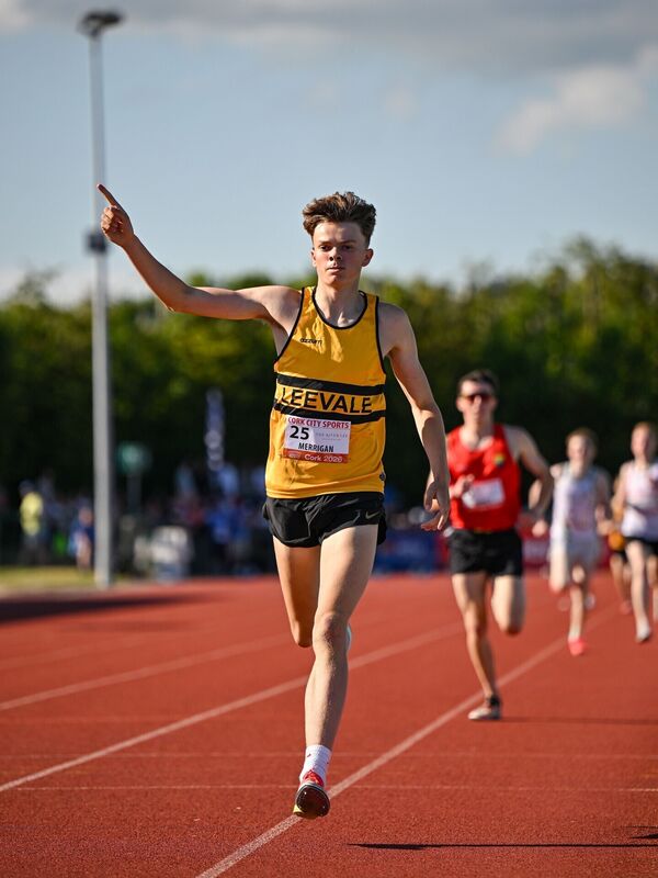 Luke Merrigan of Leevale AC celebrates winning the The River Lee Hotel Junior Men's 1500m. Picture: Sam Barnes/Sportsfile