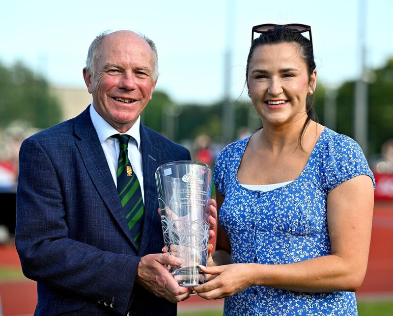 Chairman of Cork City Sports Ray Shanahan makes a presentation to Olympian Phil Healy after she announced her retirement earlier this month. Picture: Sam Barnes/Sportsfile
