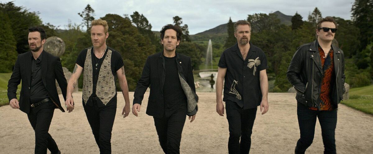 (Left to right) Keith McErlean as Kyle, Peter McDonald as Sandy, Paul Rudd as Rick, Rory Keenan as Binzer, and Paul Reid as Bernard in Power Ballad. Photo: Lionsgate