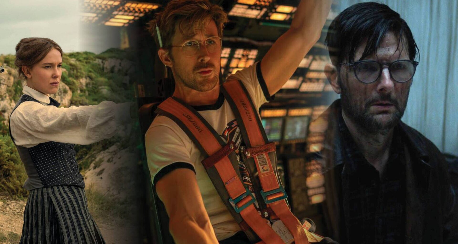 (Left to right) Millie Bobby Brown as Enola Holmes, Ryan Gosling in Project Hail Mary and Adam Scott in Hokum.