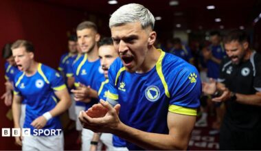 Tarik Muharemovic clapping his hands when walking out for Bosnia and Herzegovina