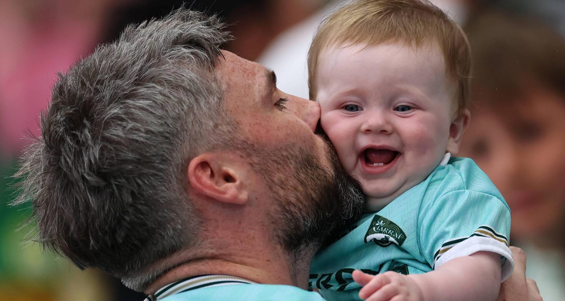 MY NO 1: Kerry keeper Shane Murphy with his eight-month-old son Bowie after the All-Ireland SFC quarter-final, win over Tyrone at Croke Park. Pic: James Crombie, Inpho