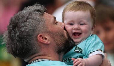 MY NO 1: Kerry keeper Shane Murphy with his eight-month-old son Bowie after the All-Ireland SFC quarter-final, win over Tyrone at Croke Park. Pic: James Crombie, Inpho