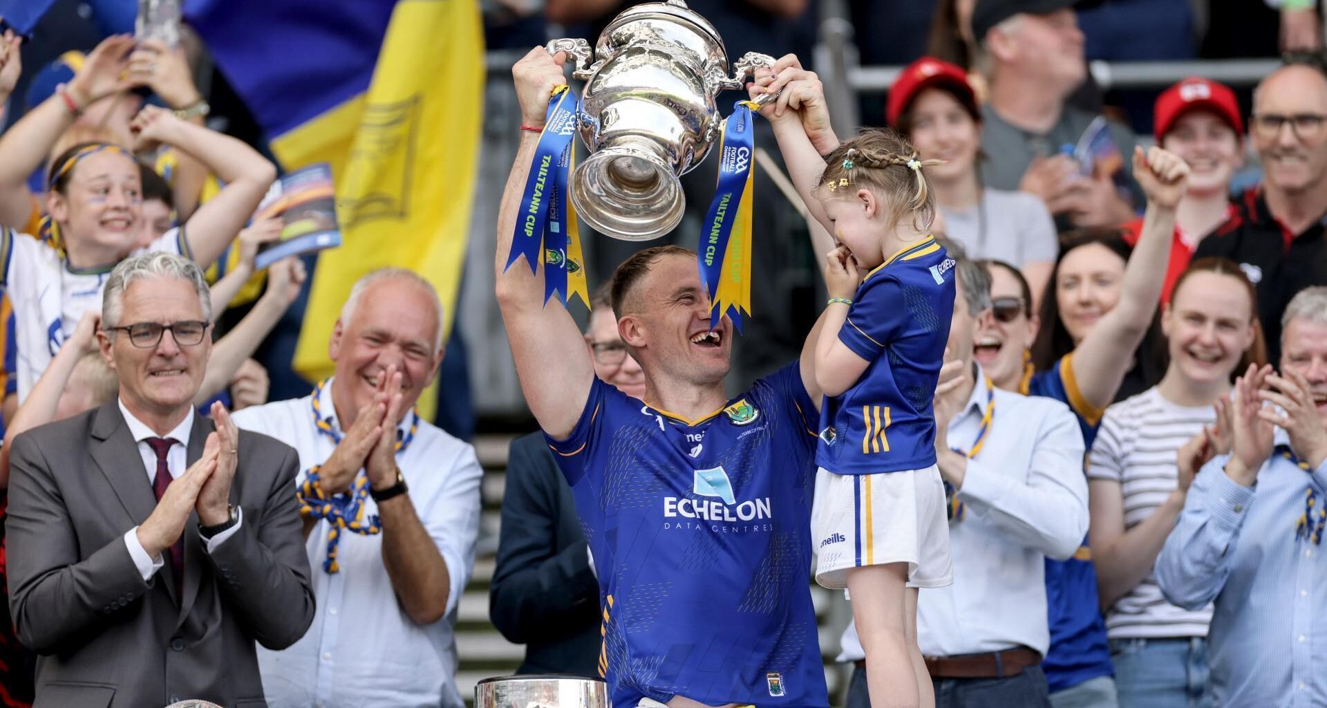 CHAMPIONS: Wicklow's Dean Healy lifts the Tailteann Cup. Pic: ©INPHO/Laszlo Geczo.