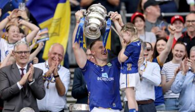 CHAMPIONS: Wicklow's Dean Healy lifts the Tailteann Cup. Pic: ©INPHO/Laszlo Geczo.