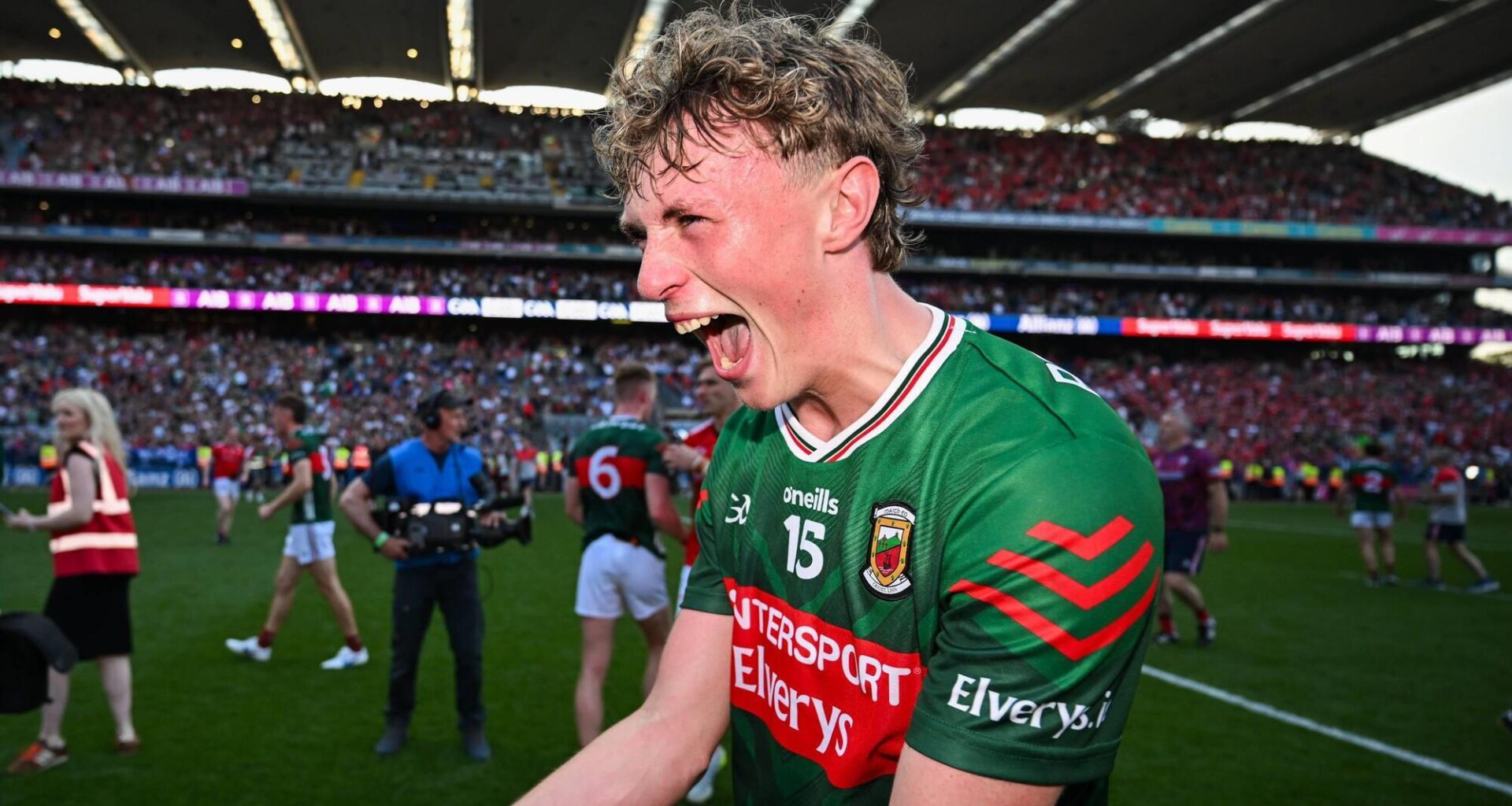 NO FEAR: Mayo's Kobe McDonald explodes in celebration after their emphatic All-Ireland SFC semi-final win over Louth at Croke Park. Pic: Ramsey Cardy/Sportsfile