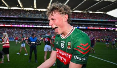 NO FEAR: Mayo's Kobe McDonald explodes in celebration after their emphatic All-Ireland SFC semi-final win over Louth at Croke Park. Pic: Ramsey Cardy/Sportsfile