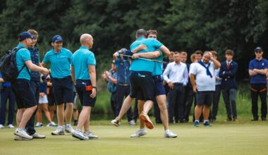 Thomas Higgins celebrates with teammates after sinking the winning put on the 20th hole to secure the victory for Ireland. Pic: EGA