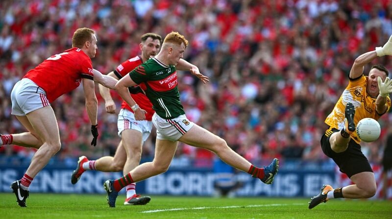 Darragh Beirne, under pressure from Donal McKenny of Louth, shoots past goalkeeper Niall McDonnell to score his sides second goal, in the 33rd minute. Pic: Ray McManus/Sportsfile