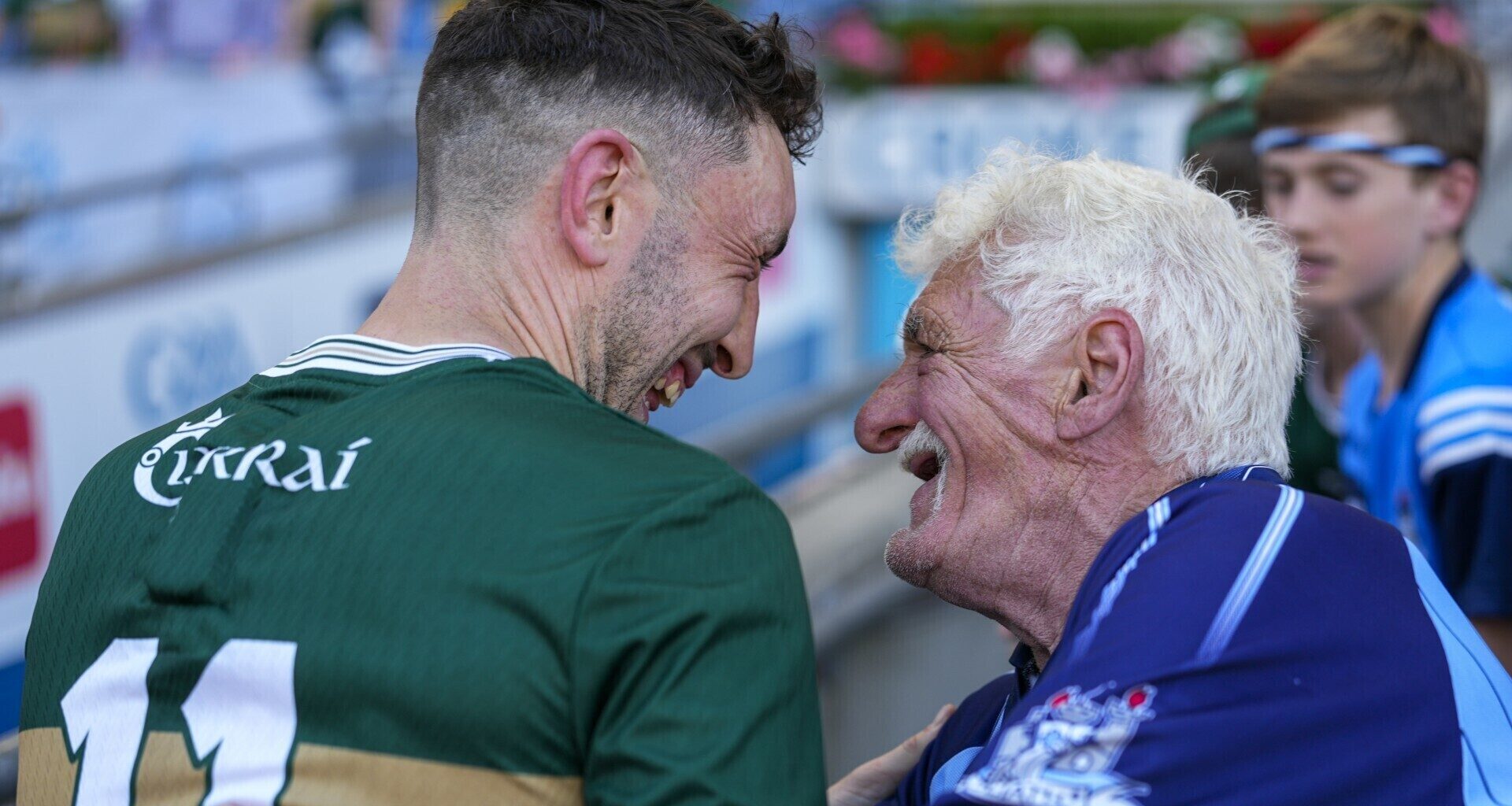 Paudie Clifford of Kerry with a Dublin supporter after the game. Pic: ©INPHO/James Lawlor