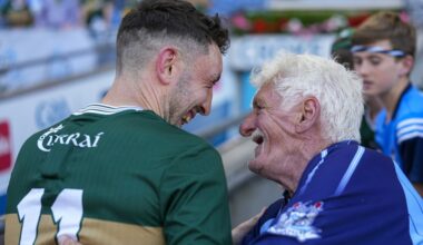 Paudie Clifford of Kerry with a Dublin supporter after the game. Pic: ©INPHO/James Lawlor