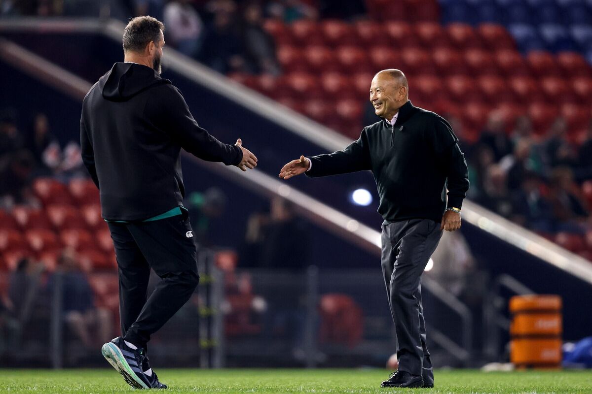 Ireland’s head coach Andy Farrell and Japan's Eddie Jones shake hands. Pic: Ben Brady